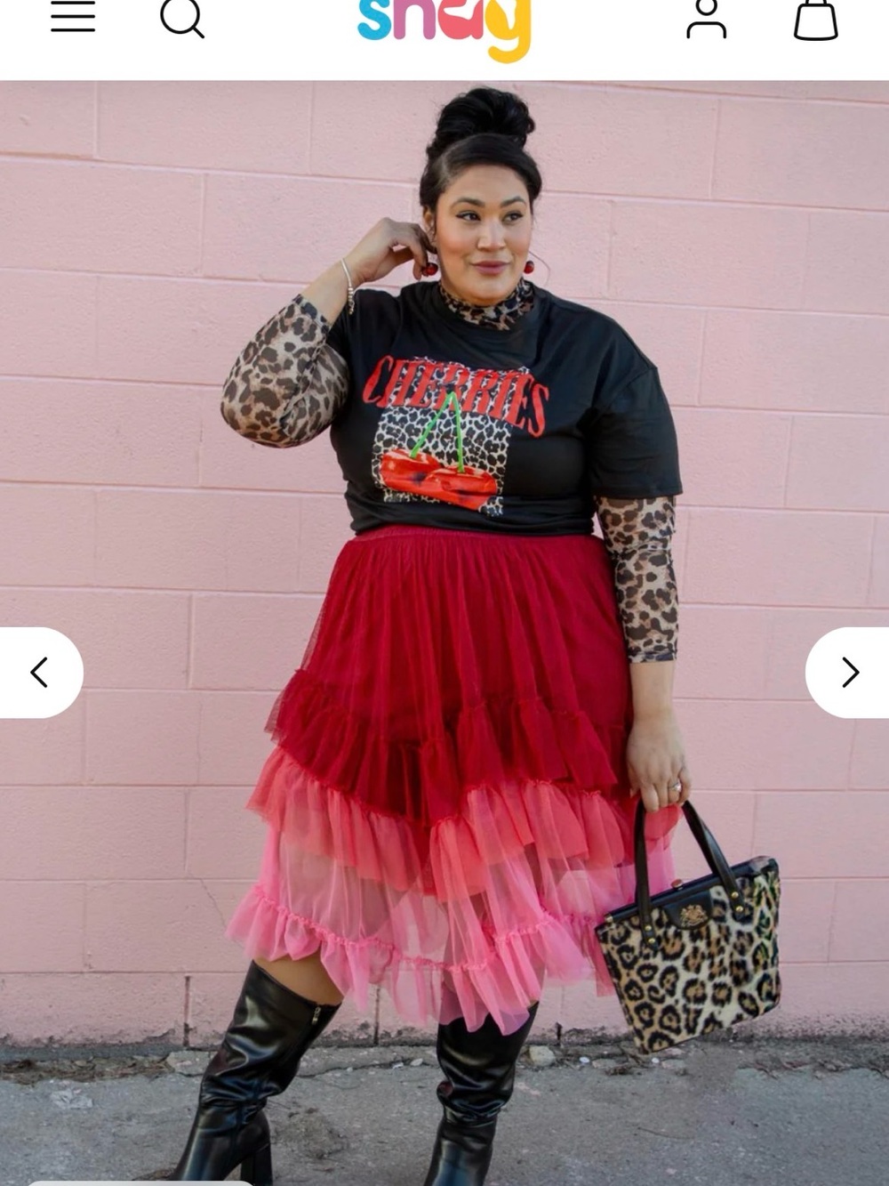 A-line skirt with ruffle tiers in burgundy and pink with elastic waist band. - Picture 10 of 12